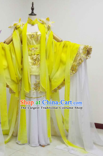 China Traditional Puppet Show Geng Qiulu Garment Costumes Ancient Goddess Clothing Cosplay Fairy Princess Yellow Dress Outfits