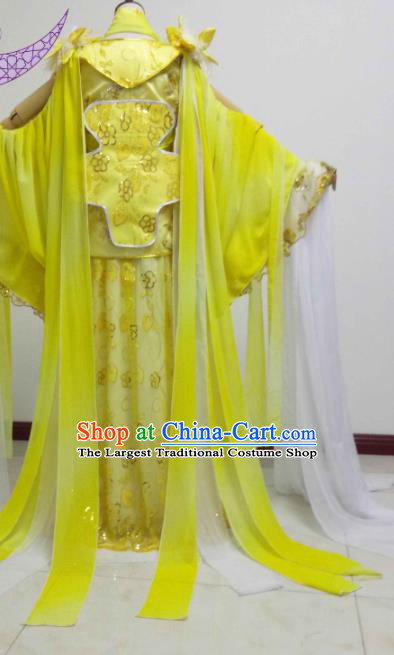 China Traditional Puppet Show Geng Qiulu Garment Costumes Ancient Goddess Clothing Cosplay Fairy Princess Yellow Dress Outfits