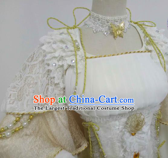 China Ancient Imperial Concubine Clothing Cosplay Goddess Beige Dress Outfits Traditional Puppet Show Empress Garment Costumes