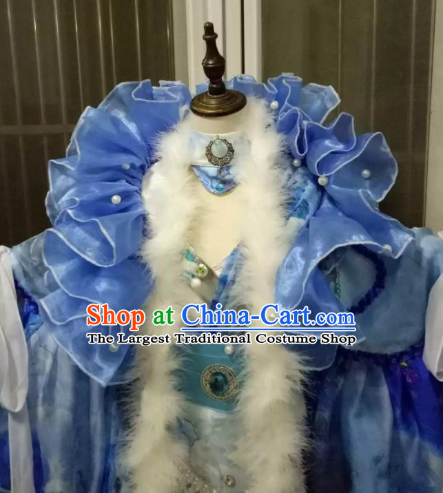 China Cosplay Goddess Queen Blue Dress Outfits Traditional Puppet Show Empress Garment Costumes Ancient Beauty Winter Clothing