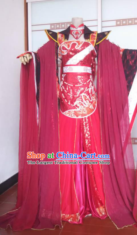 China Ancient Court Beauty Clothing Cosplay Goddess Red Dress Outfits Traditional Puppet Show Queen Garment Costumes