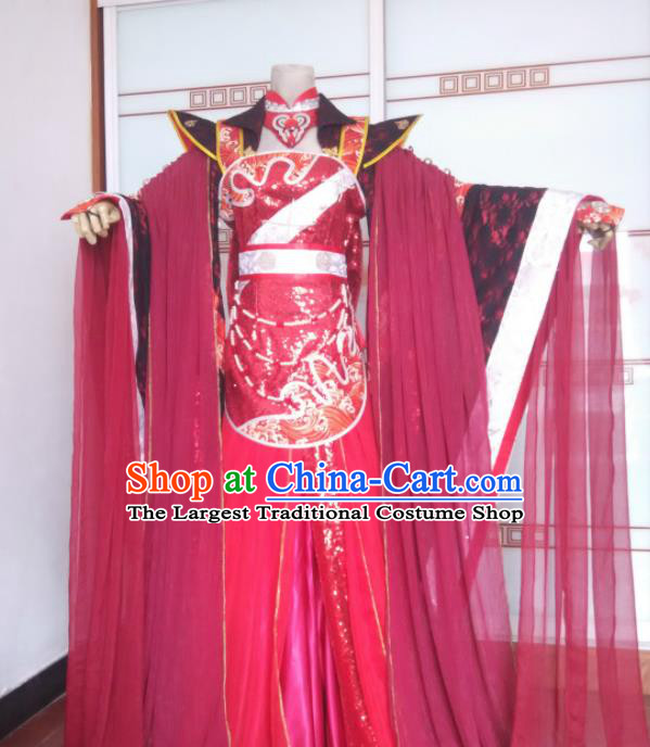 China Ancient Court Beauty Clothing Cosplay Goddess Red Dress Outfits Traditional Puppet Show Queen Garment Costumes