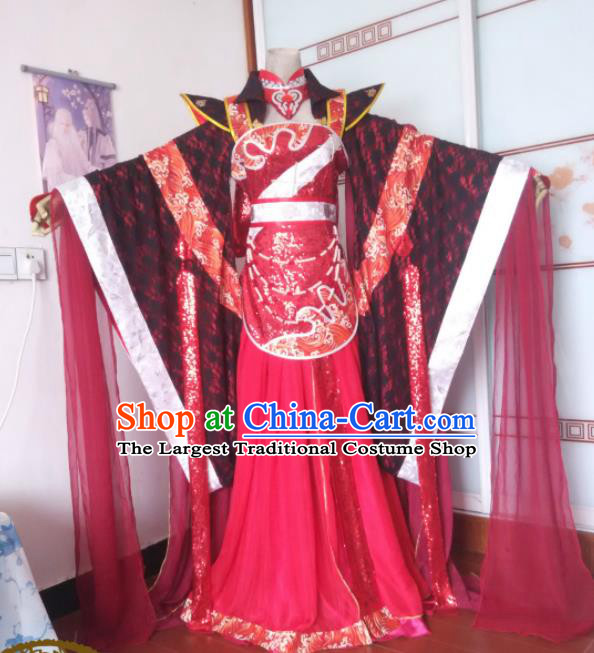 China Ancient Court Beauty Clothing Cosplay Goddess Red Dress Outfits Traditional Puppet Show Queen Garment Costumes