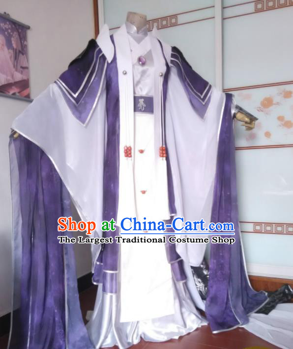 Chinese Puppet Show Royal Highness Garment Costumes Ancient Swordsman Purple Uniforms Traditional Cosplay Prince Clothing