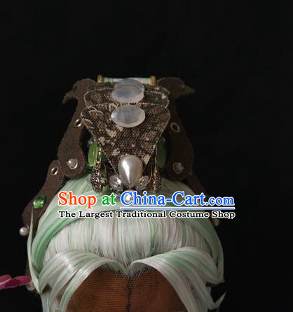 Handmade China Ancient Swordsman Hair Accessories Cosplay Taoist Priest Light Green Wigs and Hair Crown Traditional Puppet Show Mo Cangli Headdress