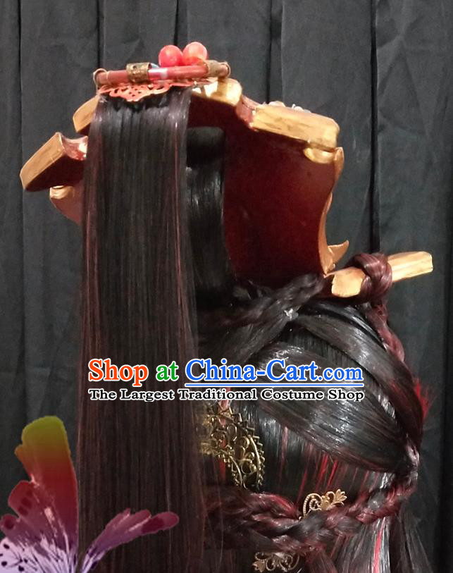 Handmade China Cosplay Royal King Red Wigs and Hair Crown Traditional Puppet Show Monarch Headdress Ancient Swordsman Hairpieces