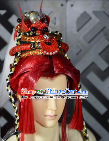 Handmade China Ancient Swordsman Hairpieces Cosplay Royal Prince Red Wigs and Hair Crown Traditional Puppet Show Warrior Headdress