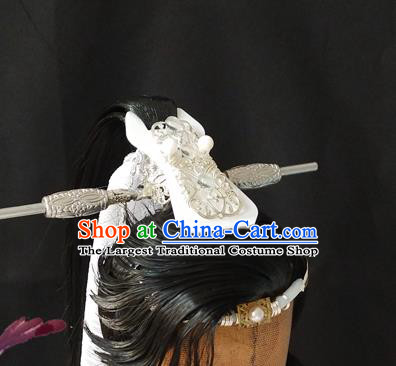 Handmade China Cosplay Young Hero Black Wigs and Hair Crown Traditional Puppet Show Shi Yanwen Headdress Ancient Swordsman Hair Accessories