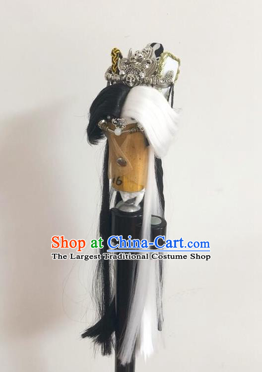 Handmade China Ancient Taoist Priest Hairpieces Cosplay Kawaler Wigs and Hair Crown Traditional Puppet Show Swordsman King Headdress