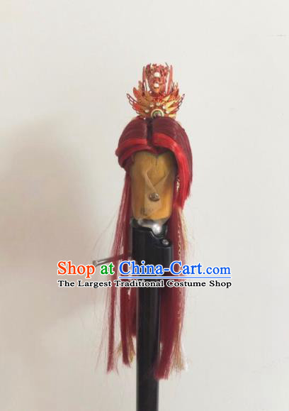 Handmade China Cosplay Swordsman Red Wigs and Hair Crown Traditional Puppet Show Royal Prince Headdress Ancient Young Childe Hairpieces
