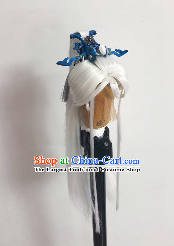 Handmade China Ancient Chivalrous Male Hairpieces Cosplay Swordsman White Wigs and Hair Crown Traditional Puppet Show Taoist Headdress