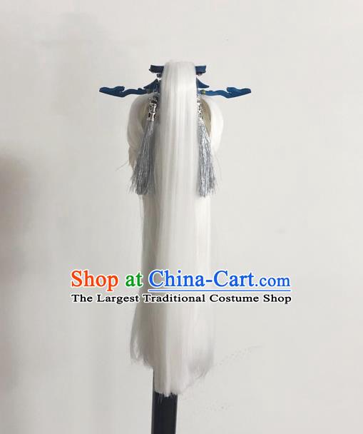 Handmade China Ancient Chivalrous Male Hairpieces Cosplay Swordsman White Wigs and Hair Crown Traditional Puppet Show Taoist Headdress