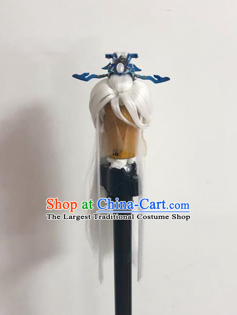Handmade China Ancient Chivalrous Male Hairpieces Cosplay Swordsman White Wigs and Hair Crown Traditional Puppet Show Taoist Headdress