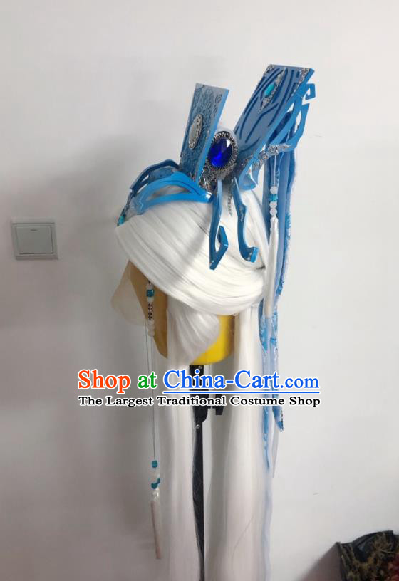 Handmade China Ancient Taoist Hairpieces Cosplay Swordsman White Wigs and Hair Crown Traditional Puppet Show Royal Prince Headdress