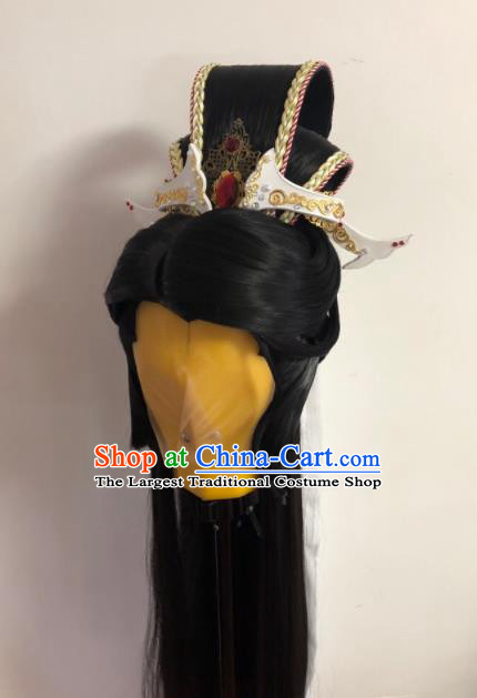 Handmade China Traditional Puppet Show Royal Prince Headdress Ancient King Hairpieces Cosplay Swordsman Mo Lisao Black Wigs and Hair Crown