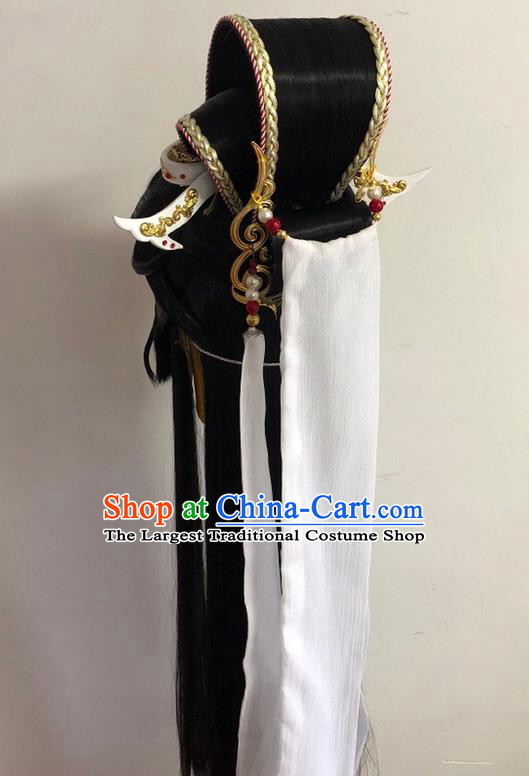 Handmade China Traditional Puppet Show Royal Prince Headdress Ancient King Hairpieces Cosplay Swordsman Mo Lisao Black Wigs and Hair Crown