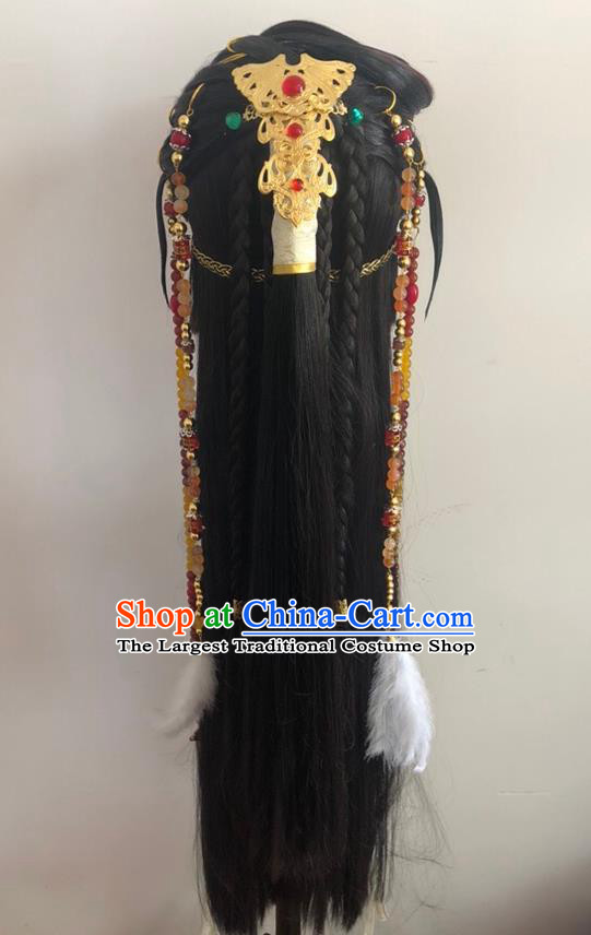 Handmade China Cosplay Swordsman King Wigs and Hair Accessories Traditional Puppet Show Royal Prince Headdress Ancient Knight Hairpieces