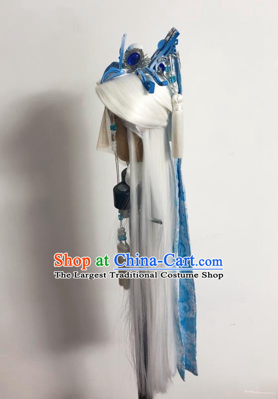 Handmade China Cosplay Swords Immortal White Wigs and Hair Crown Traditional Puppet Show Chivalrous Male Headdress Ancient Taoist Priest Hairpieces