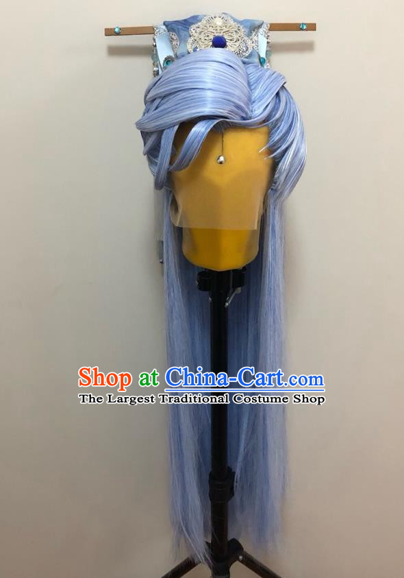 Handmade China Ancient Young Knight Hairpieces Cosplay Noble Childe Blue Wigs and Hair Crown Traditional Puppet Show Swordsman Headdress