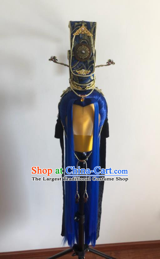 Handmade China Traditional Puppet Show Yue Jiaozi Hairpieces Ancient Swordsman Headdress Cosplay King Royalblue Wigs and Hair Crown