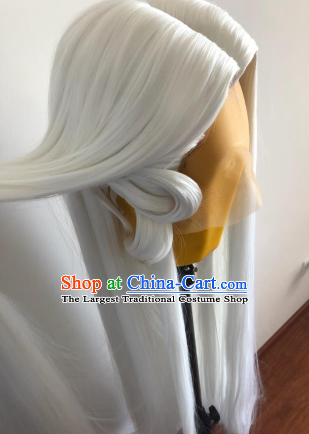 Handmade China Cosplay Heaven King White Wigs Traditional Puppet Show Taoist Hairpieces Ancient Swordsman Headdress