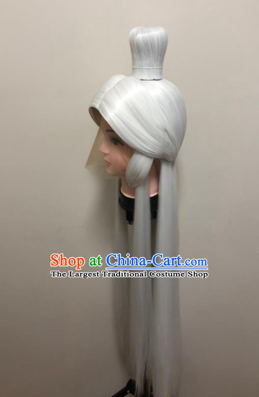 Handmade China Ancient Swordsman Headdress Cosplay Heaven King White Wigs Chignon Traditional Puppet Show Taoist Hairpieces