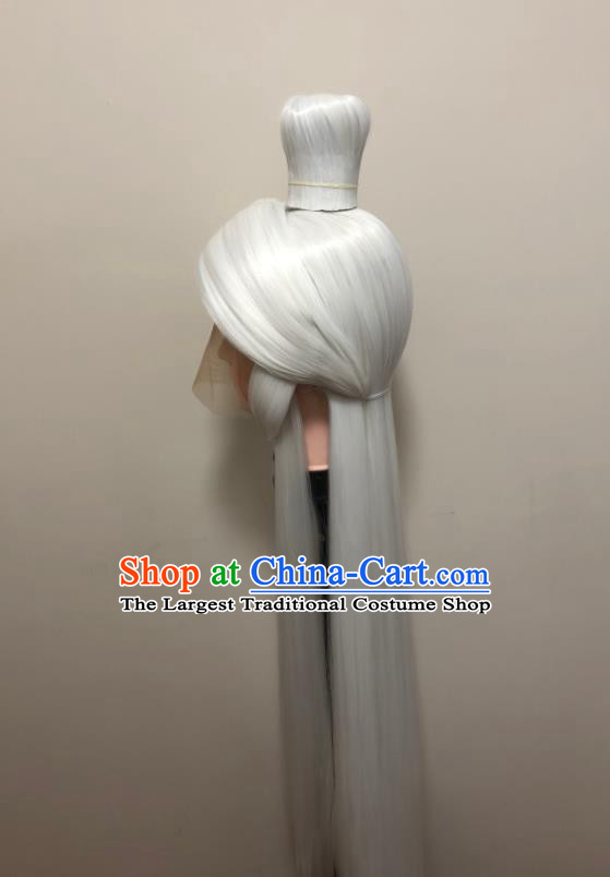 Handmade China Ancient Swordsman Headdress Cosplay Heaven King White Wigs Chignon Traditional Puppet Show Taoist Hairpieces