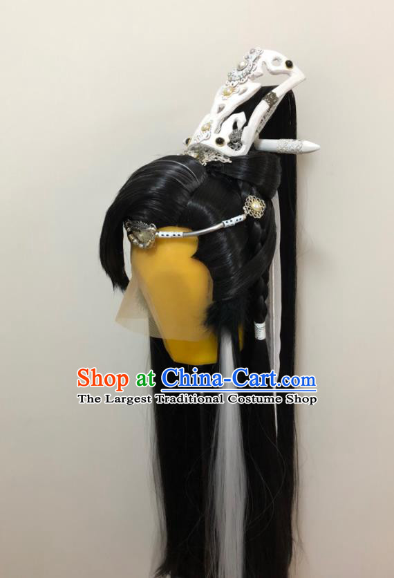 Handmade China Traditional Puppet Show Childe Shi Yanwen Hairpieces Ancient Swordsman Headdress Cosplay Young Knight Black Wigs and Hair Crown