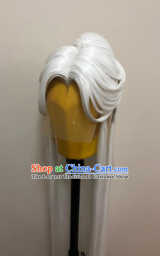 Handmade China Cosplay Elderly Male White Wigs Traditional Puppet Show Yi Tianzi Hairpieces Ancient Swordsman Headdress