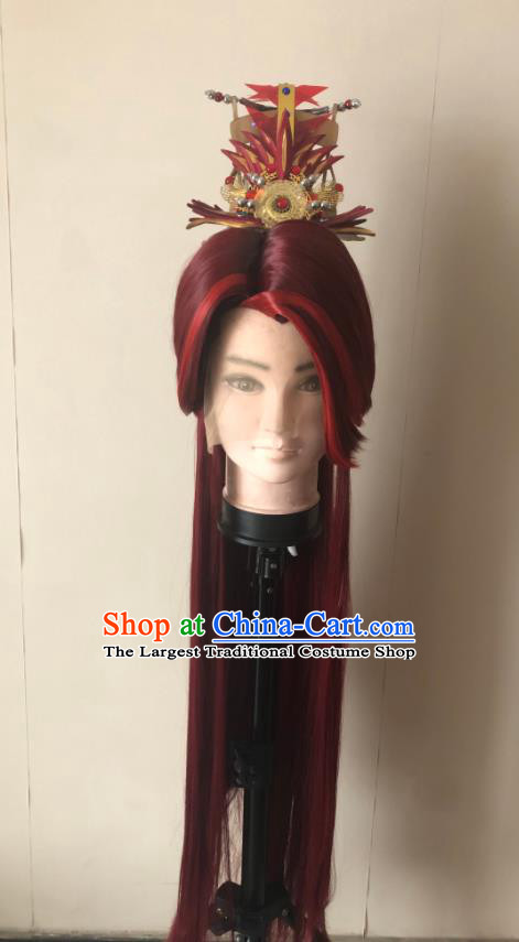 Handmade China Ancient Swordsman Headdress Cosplay Noble Childe Red Wigs and Hair Crown Traditional Puppet Show Prince Hairpieces