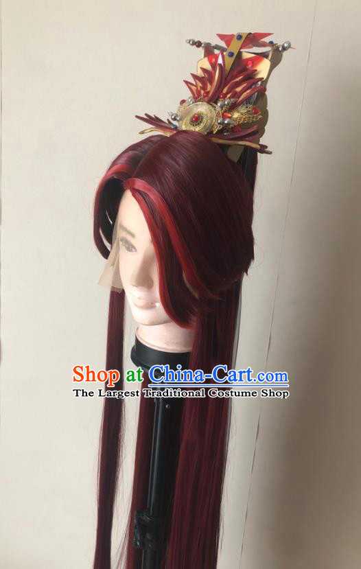 Handmade China Ancient Swordsman Headdress Cosplay Noble Childe Red Wigs and Hair Crown Traditional Puppet Show Prince Hairpieces