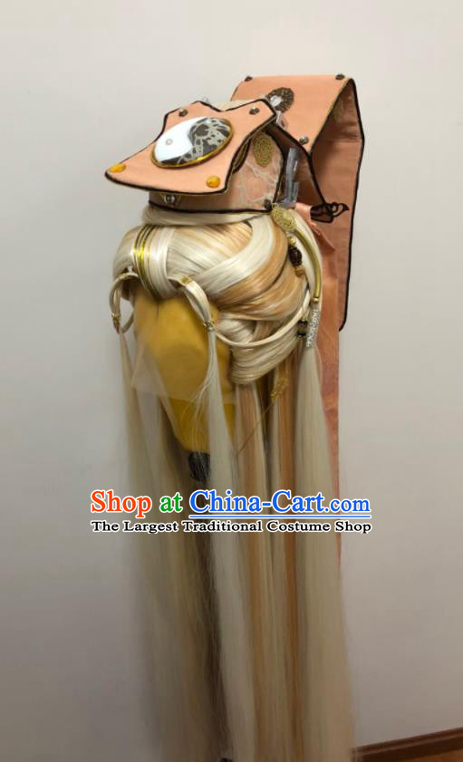 Handmade China Ancient Emperor Headdress Cosplay Swordsman Golden Wigs and Hair Crown Traditional Puppet Show Taoist Juan Shoutian Hairpieces