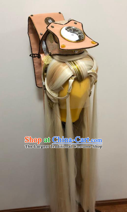 Handmade China Ancient Emperor Headdress Cosplay Swordsman Golden Wigs and Hair Crown Traditional Puppet Show Taoist Juan Shoutian Hairpieces