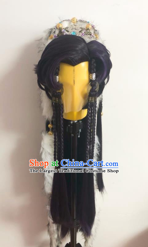 Handmade China Ancient Swordsman Hairpieces Cosplay Young Knight Purple Wigs and Hair Crown Traditional Puppet Show Wolf King Headdress