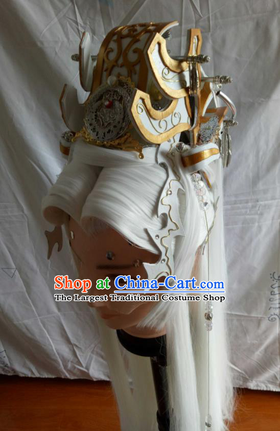 Handmade China Cosplay Elderly Hero White Wigs and Hair Crown Traditional Puppet Show Swordsman Hairpieces Ancient Taoist Priest Headdress