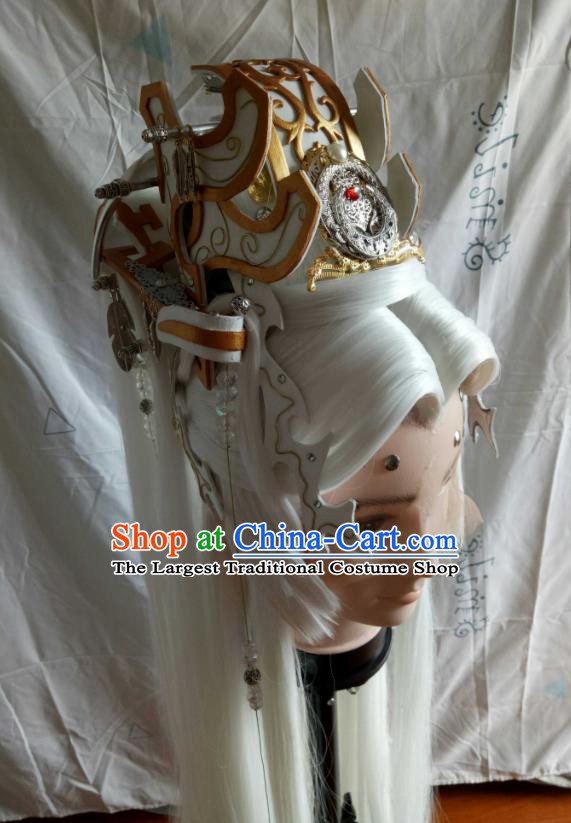 Handmade China Cosplay Elderly Hero White Wigs and Hair Crown Traditional Puppet Show Swordsman Hairpieces Ancient Taoist Priest Headdress