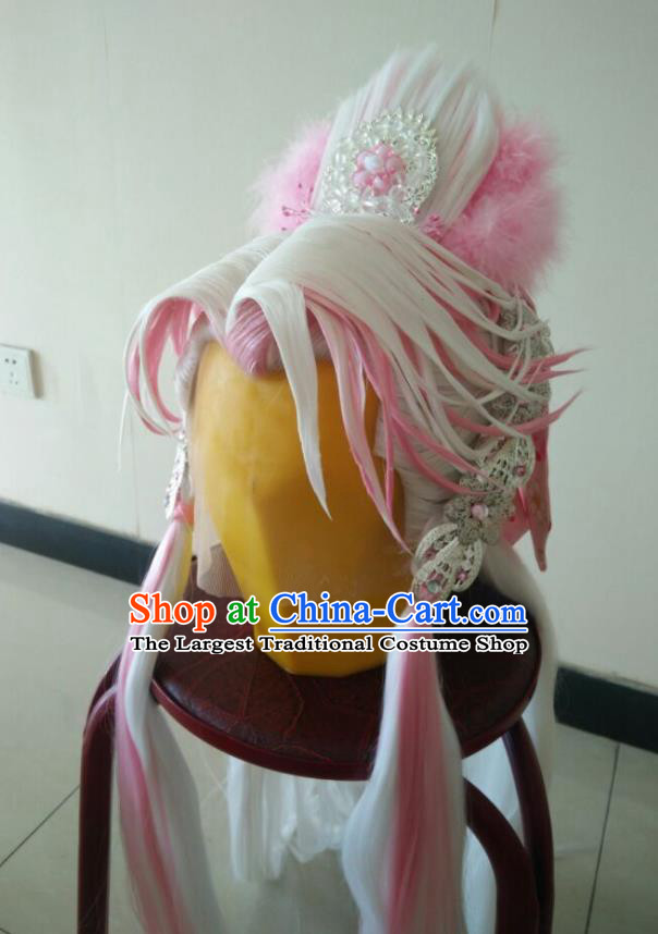 Chinese Traditional Puppet Show Fairy Princess Hairpieces Cosplay Queen Hair Accessories Ancient Swordswoman White Wigs Headwear