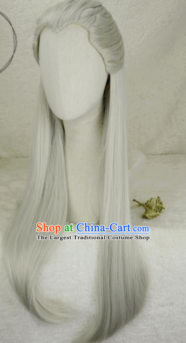 Handmade China Traditional Hanfu Young Childe Hairpieces Ancient Crown Prince Headdress Cosplay Swordsman Gray Wigs