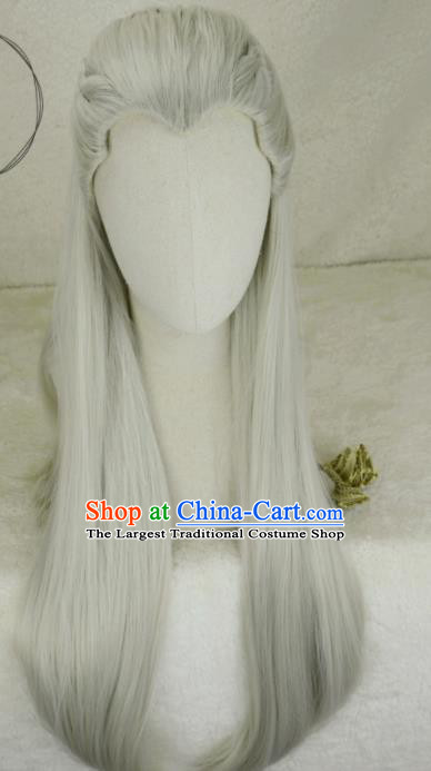 Handmade China Traditional Hanfu Young Childe Hairpieces Ancient Crown Prince Headdress Cosplay Swordsman Gray Wigs