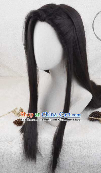 Handmade China Traditional Hanfu Noble Childe Hairpieces Ancient Prince Headdress Cosplay Swordsman Black Long Wigs