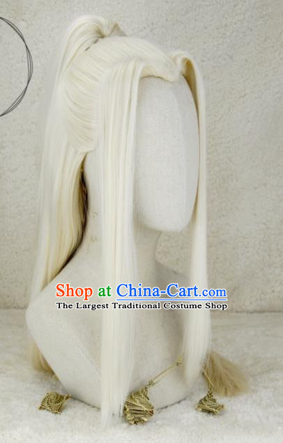 Handmade China Traditional Hanfu Adults Hairpieces Ancient Taoist Priest Headdress Cosplay Swordsman Light Golden Wigs