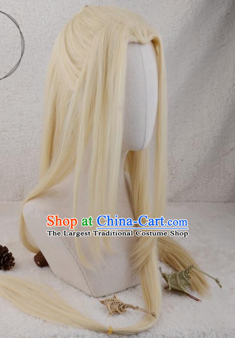Handmade China Cosplay Chivalrous Knight Golden Wigs Traditional Qin Dynasty Young Childe Hairpieces Ancient Swordsman Headdress