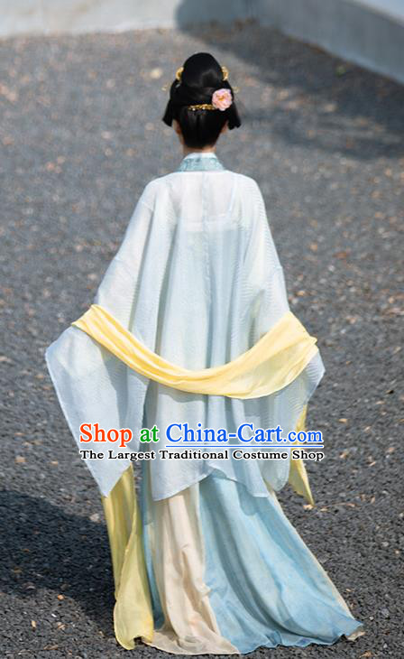 China Traditional Tang Dynasty Imperial Concubine Historical Clothing Ancient Palace Beauty Blue Hanfu Dress Garment Costumes