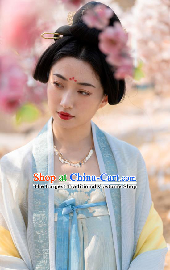 China Traditional Tang Dynasty Imperial Concubine Historical Clothing Ancient Palace Beauty Blue Hanfu Dress Garment Costumes