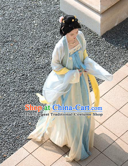 China Traditional Tang Dynasty Imperial Concubine Historical Clothing Ancient Palace Beauty Blue Hanfu Dress Garment Costumes