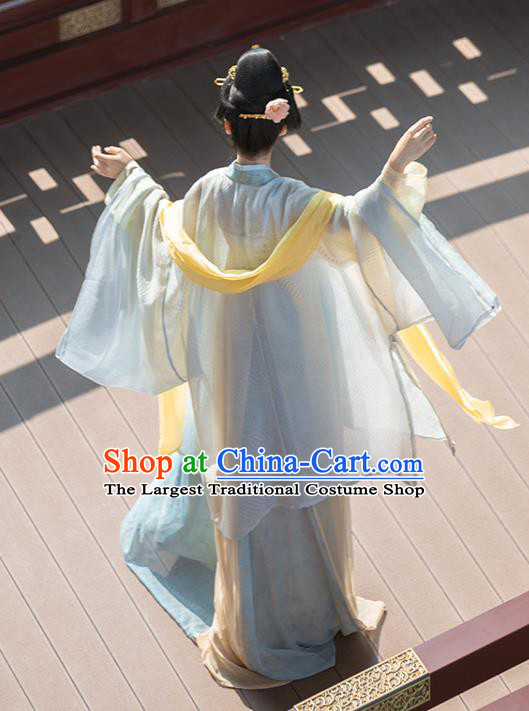 China Traditional Tang Dynasty Imperial Concubine Historical Clothing Ancient Palace Beauty Blue Hanfu Dress Garment Costumes