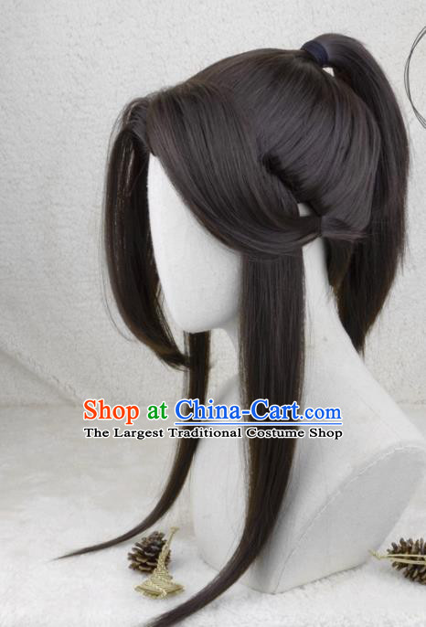 Handmade China Cosplay Swordsman Black Wigs Traditional Hanfu Chivalrous Male Hairpieces Ancient Young Knight Headdress