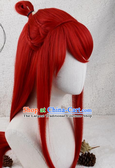 Handmade China Cosplay Swordsman Red Wigs Traditional Qin Dynasty Hero Hairpieces Ancient Young Knight Headdress