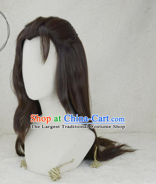 Handmade China Ancient Young Knight Headdress Cosplay Swordsman Brown Wigs Traditional Ming Dynasty Hero Hairpieces