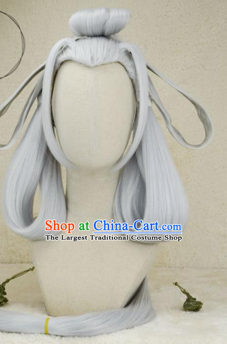 Chinese Ancient Young Lady Grey Wigs Headwear Traditional Swordswoman Hairpieces Cosplay Goddess Hair Accessories